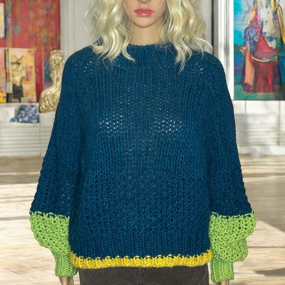 Anthropologie Dr Bloom Tamborito Color Block Sweater Teal Green Yellow - Picture 3 of 8